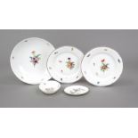 Mixed lot of 5 pieces, Nymphenburg, 20th century, oval decorative bowl with bird decoration, gold