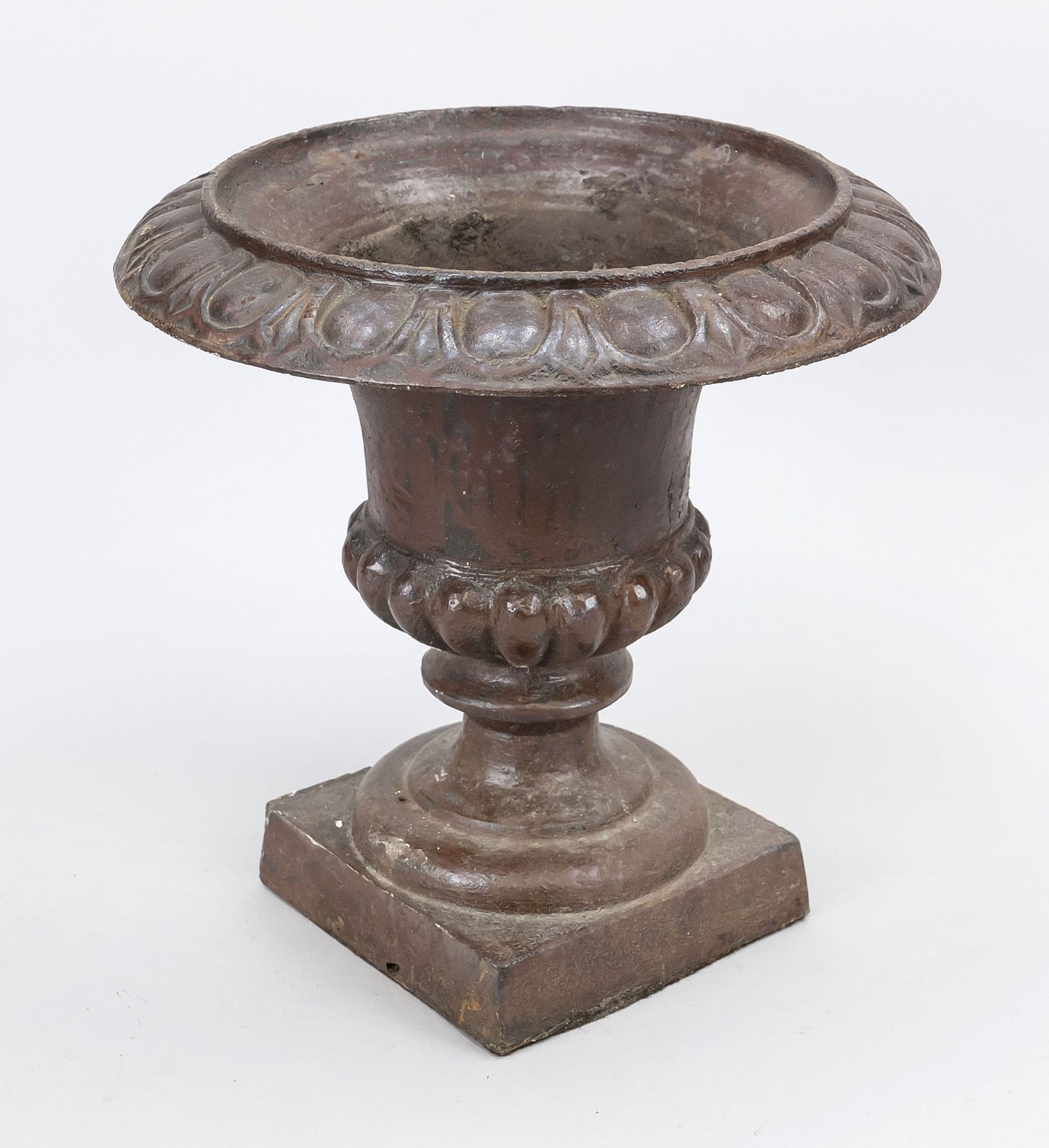 Crater vase, 20th century, cast iron, painted in color, dark brown/oxblood, square plinth, maker's
