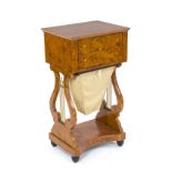 Biedermeier-style sewing table, 20th century, burlwood veneer, lyre-shaped sides, with wool