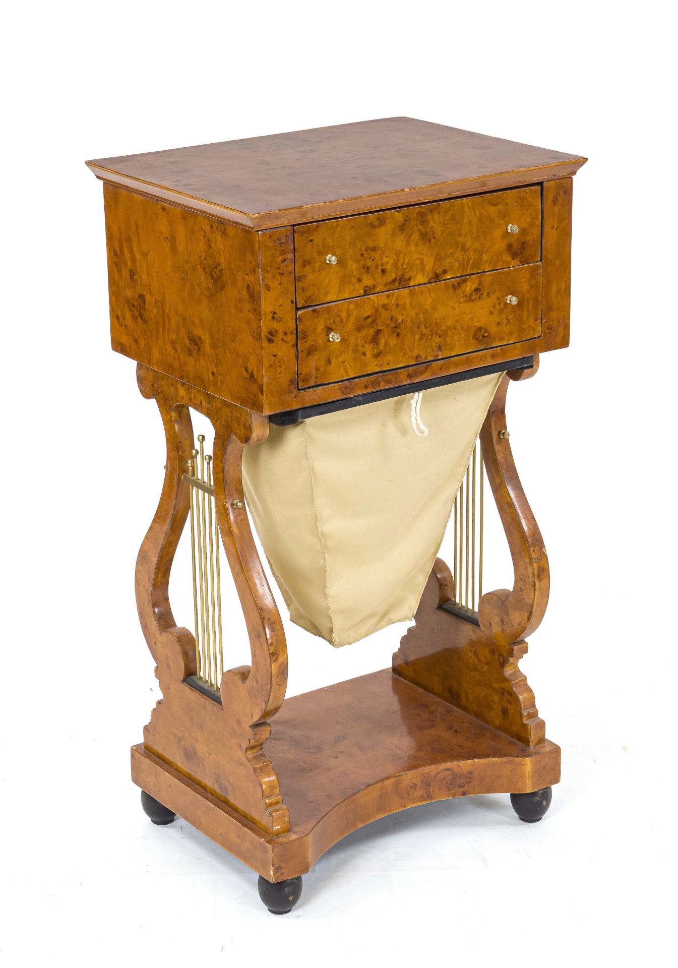 Biedermeier-style sewing table, 20th century, burlwood veneer, lyre-shaped sides, with wool