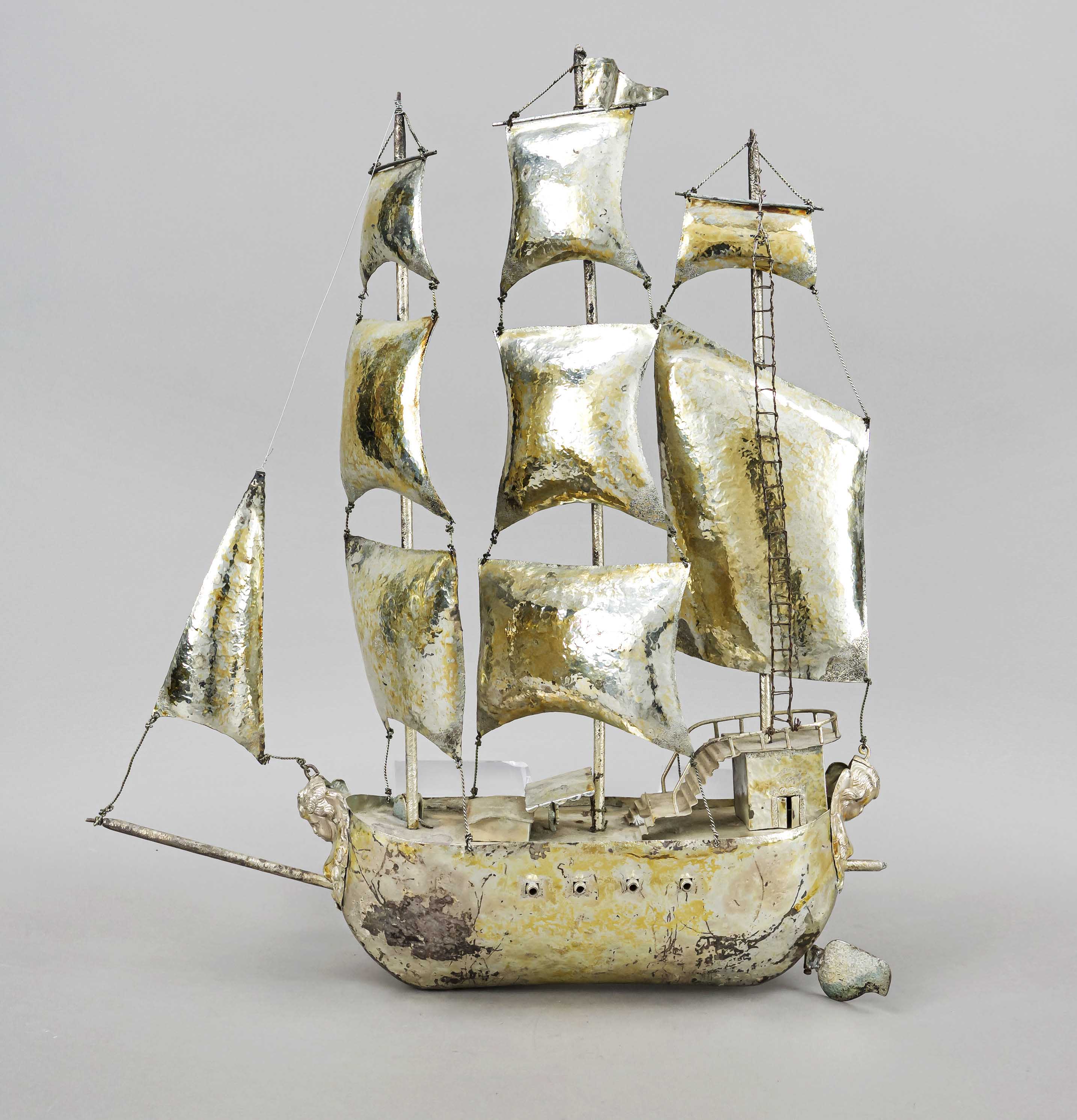 Sailing ship, probably Chinese import marks, hallmarked silver, three-master in full sail, h. 50 cm,