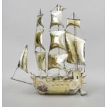 Sailing ship, probably Chinese import marks, hallmarked silver, three-master in full sail, h. 50 cm,