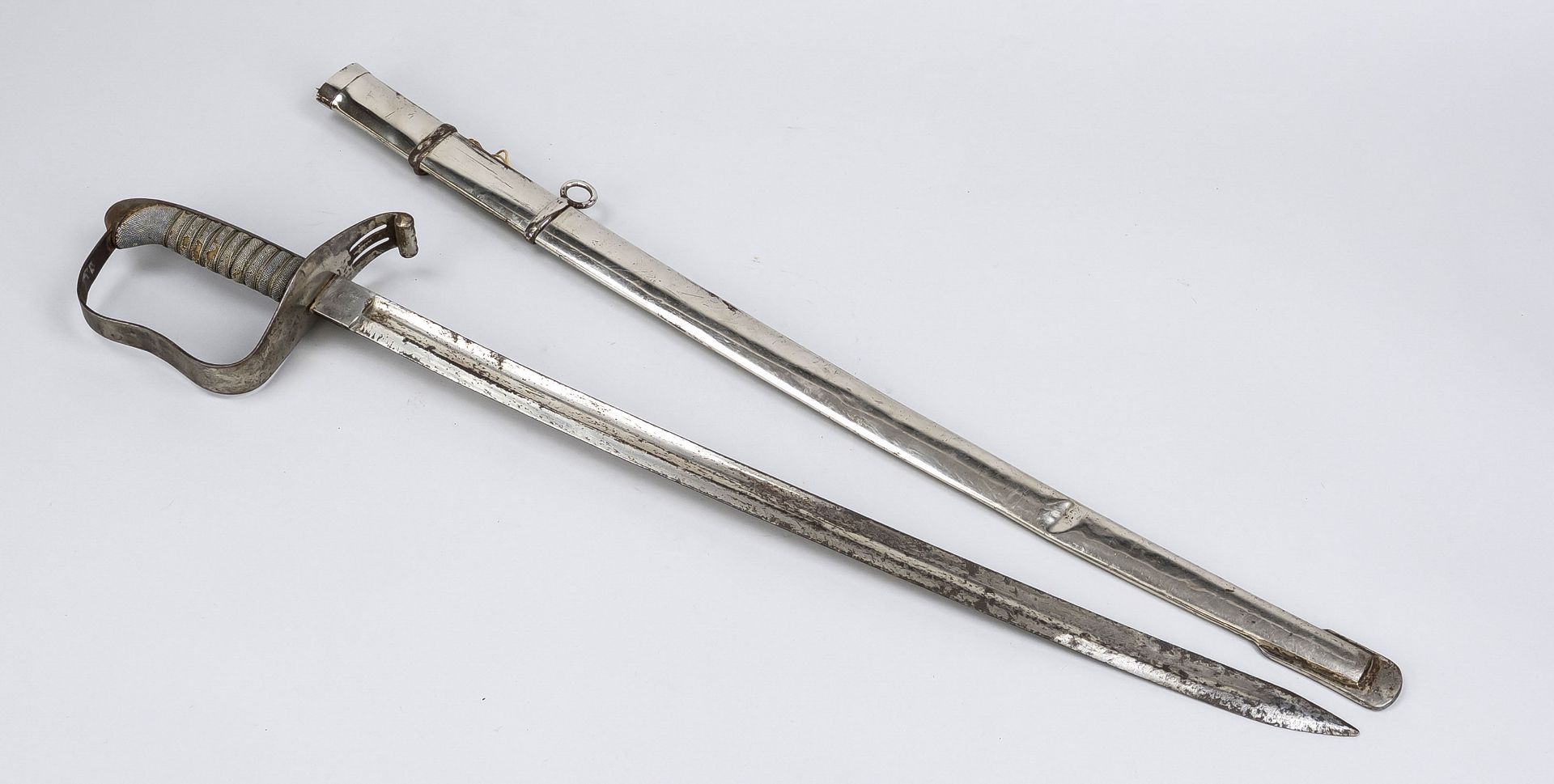 Sabre, Austria, circa 1900, nickel-plated blade (rubbed and chipped) with fullers on both sides,