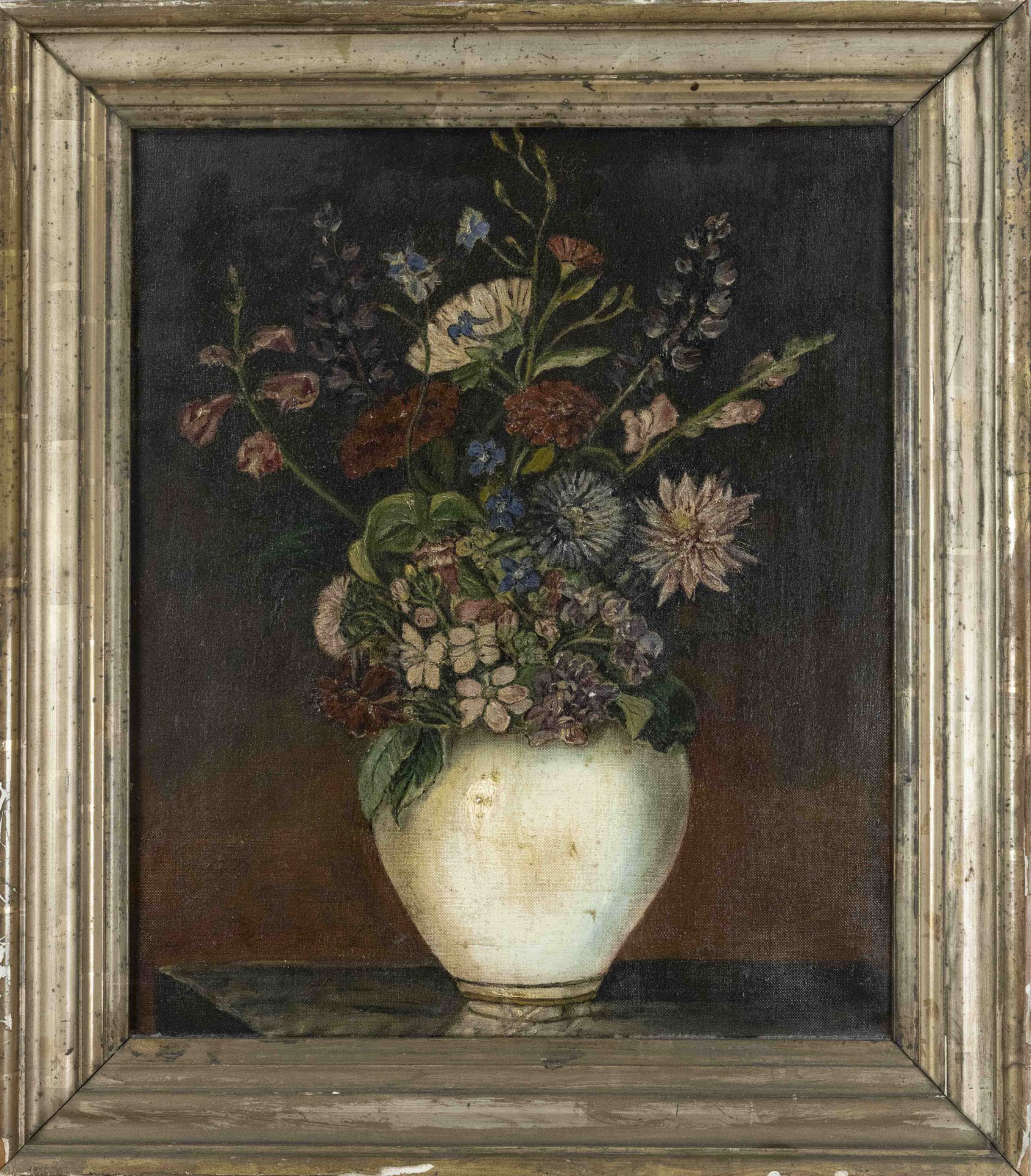 Anonymous painter around 1900, Still life of flowers in a white vase, oil on canvas, unsigned, 52