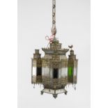 African-oriental ceiling lamp, probably 19th century, multi-colored glass, partially damaged,