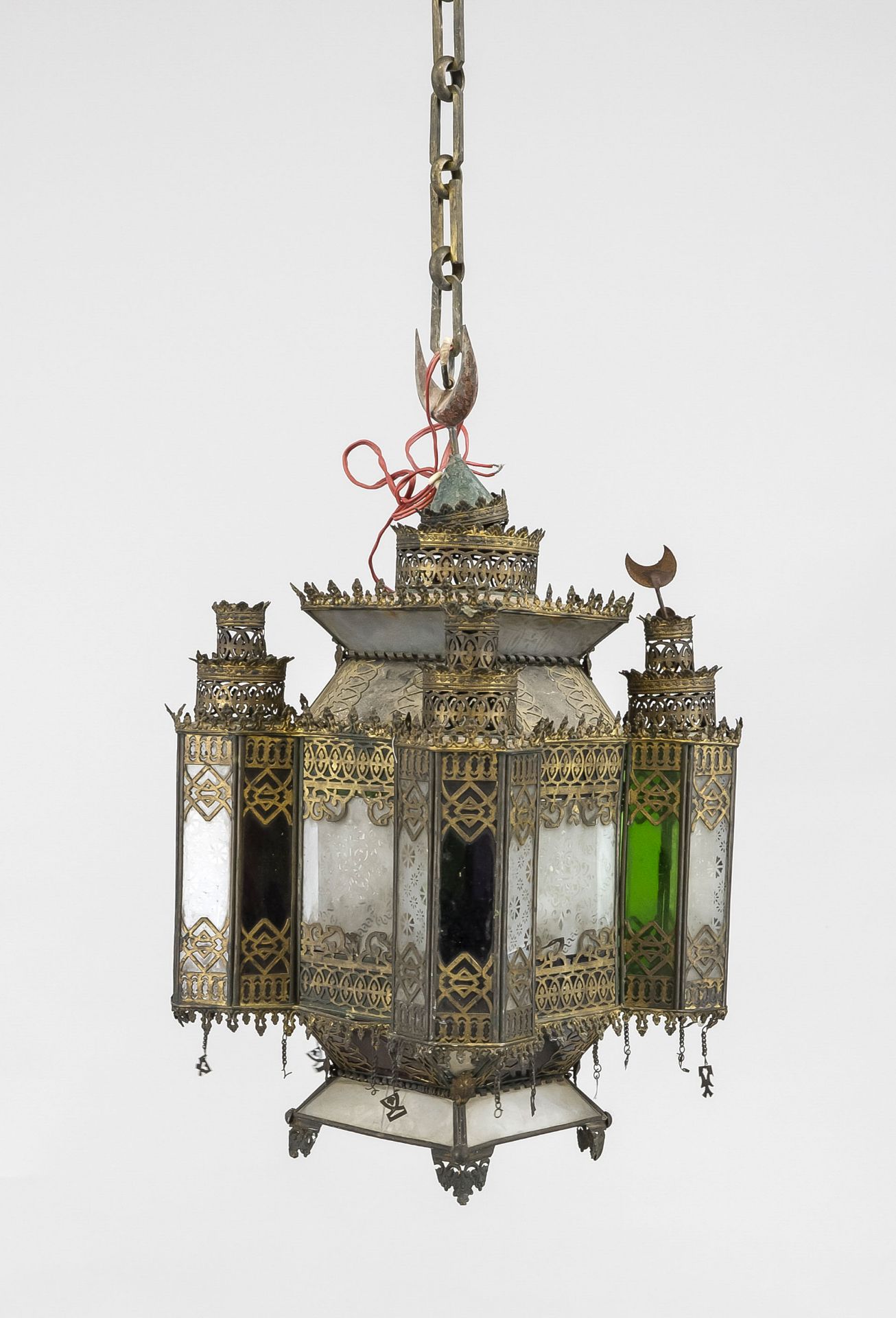 African-oriental ceiling lamp, probably 19th century, multi-colored glass, partially damaged,