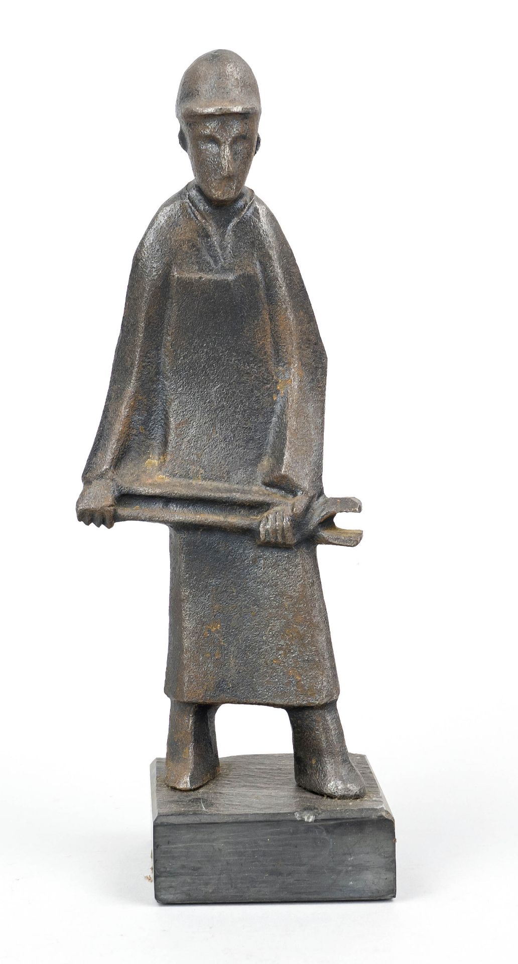 Monogrammist PK, 2nd half 20th century, standing worker with tongs, dark gray cast iron on stone