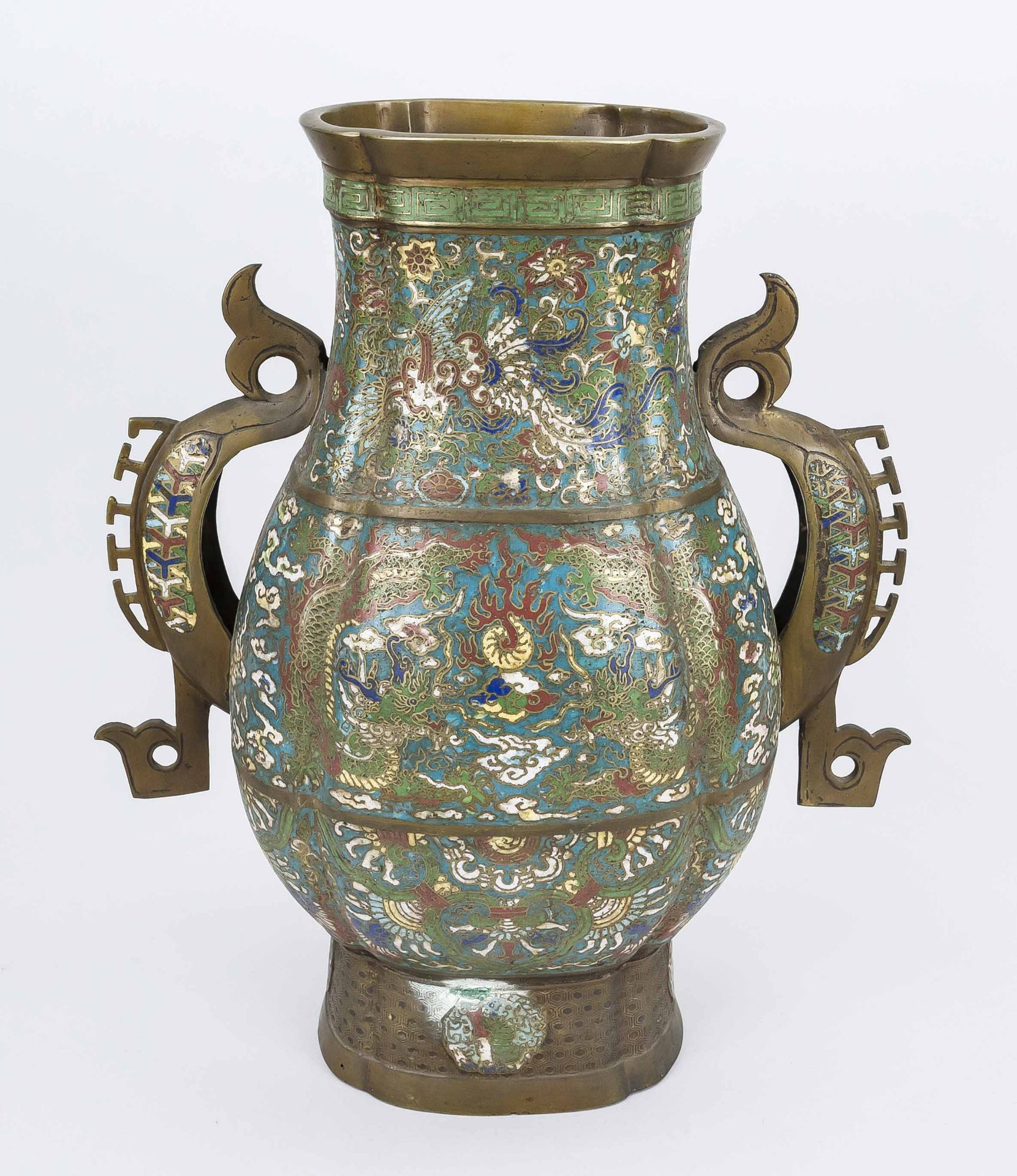 Large cloisonné dragon and phoenix Hu vase, China c. 1900 (late Qing). Several registers of