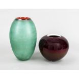 Two vases, 2nd half 20th century, various shapes and sizes, each colored glass with contrasting rim,