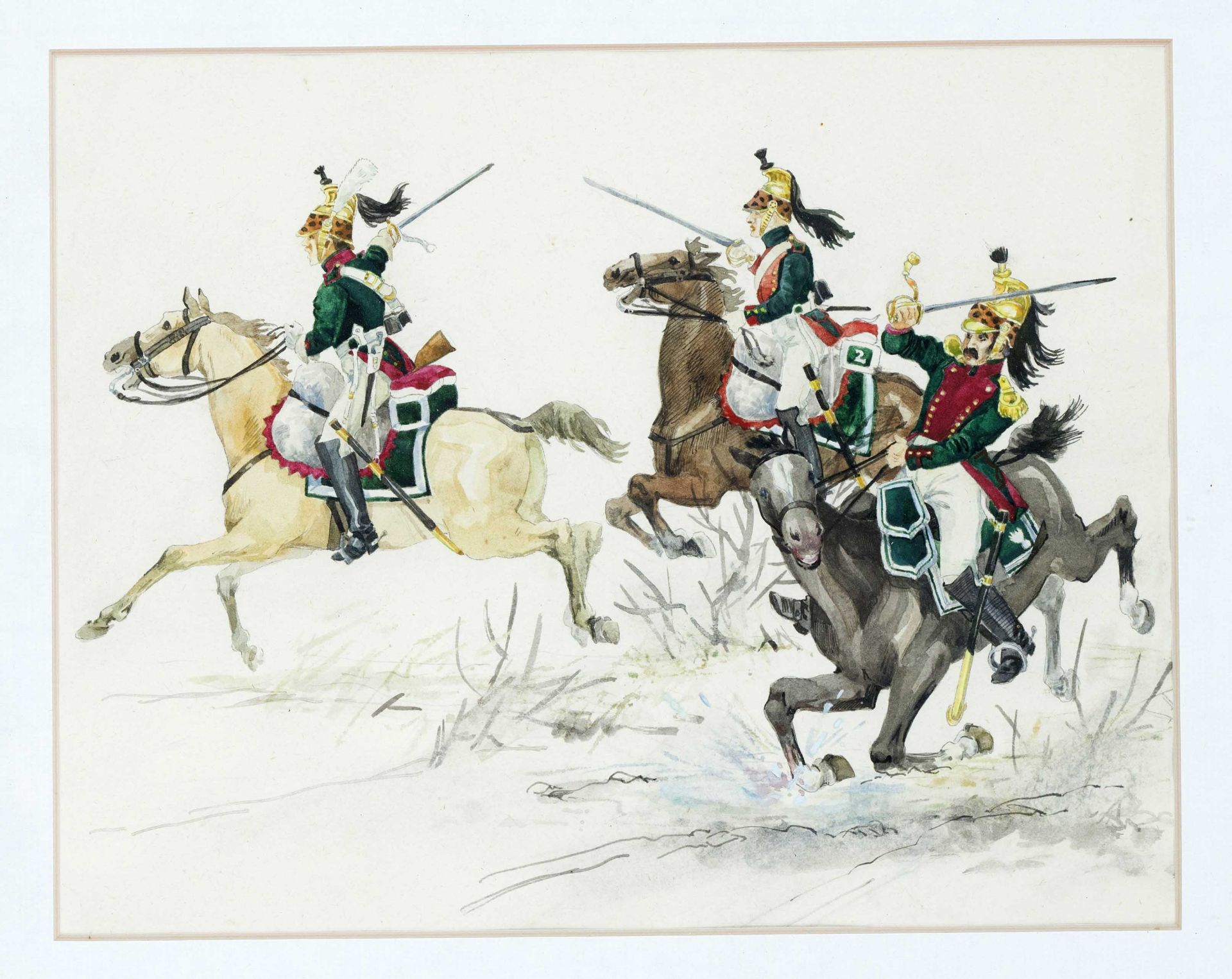 19th century illustrator, two military watercolors documenting various troop uniforms, watercolor - Image 2 of 2