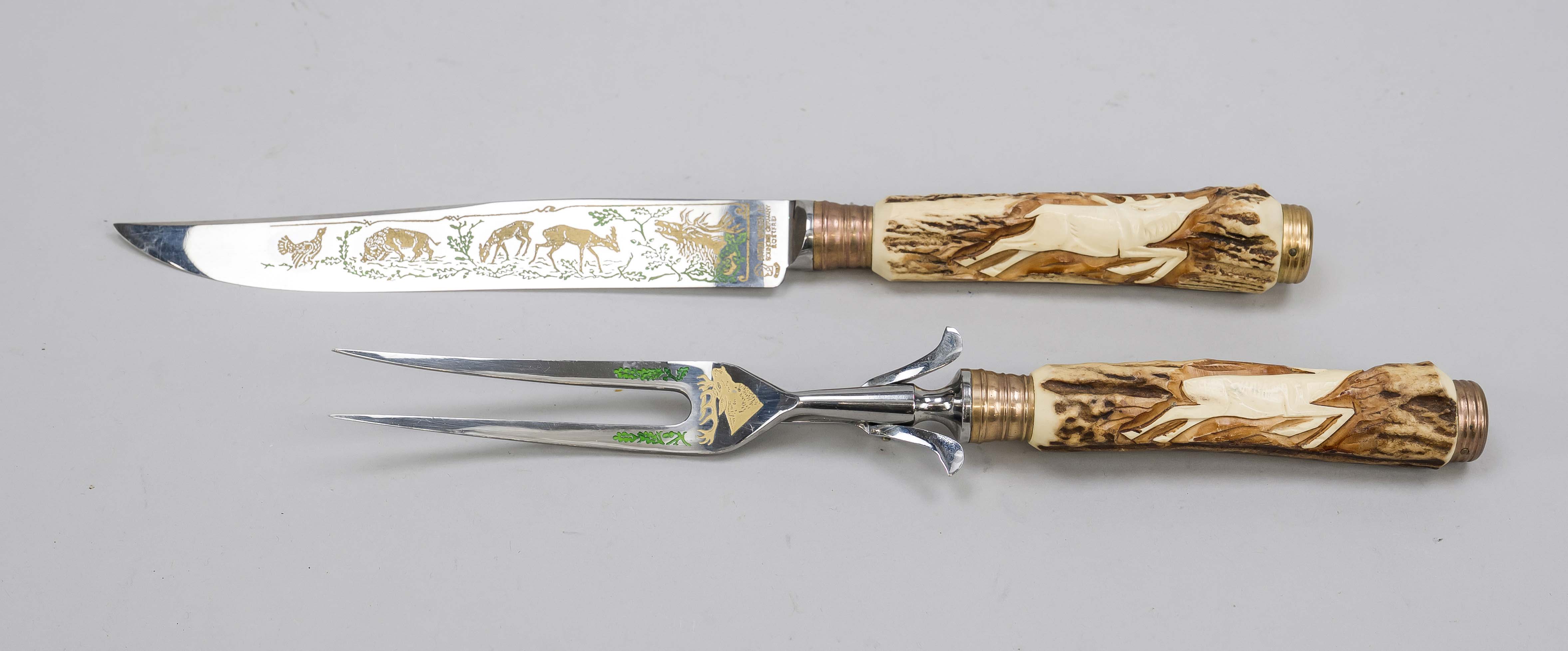 Hunting Roast Cutlery Carving Set, Germany 20th century Handles carved stag horn, blade and fork