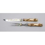 Hunting Roast Cutlery Carving Set, Germany 20th century Handles carved stag horn, blade and fork