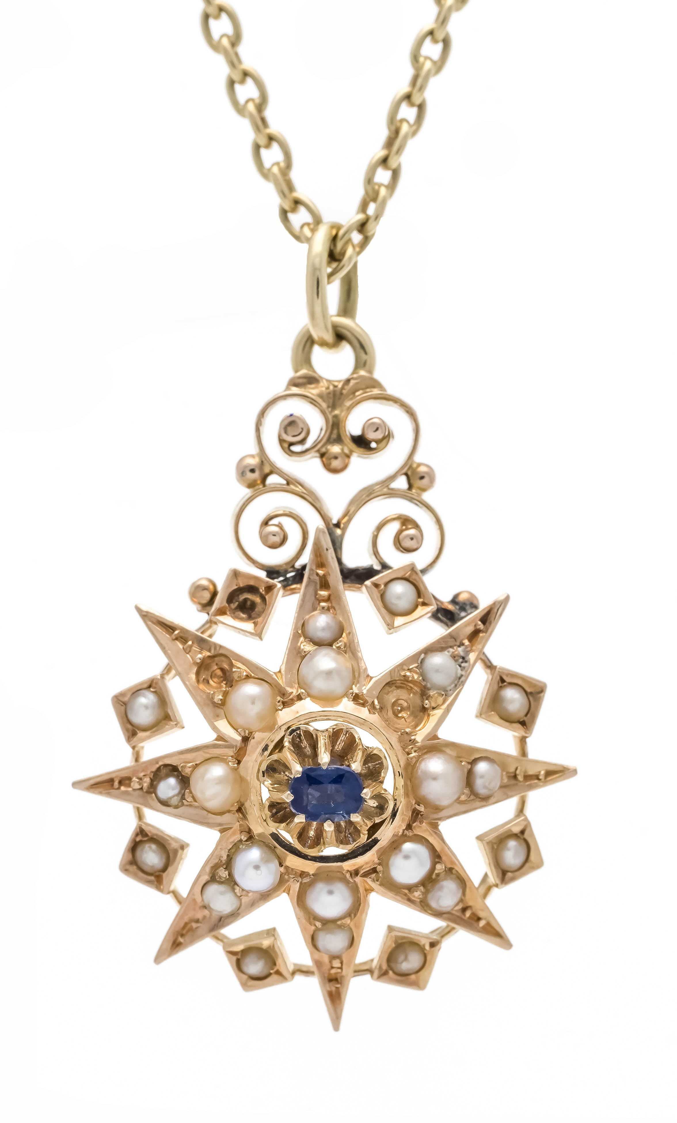 Star pendant GG 585/000 unmarked, tested, in the shape of a star with an oval faceted blue gemstone,