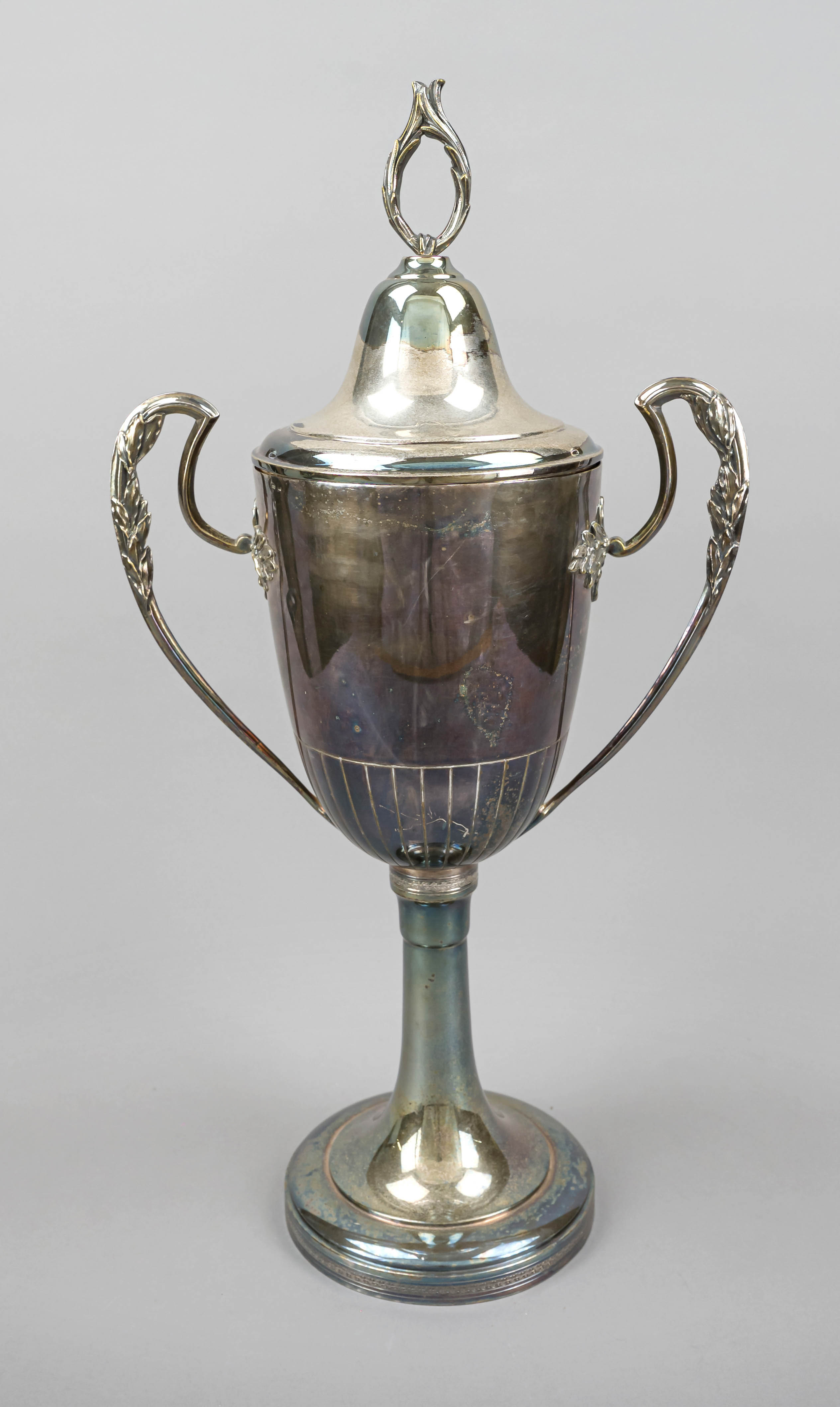 Large lidded goblet, 20th century, plated, trumpet-shaped stand, slender shaft, dome with slightly