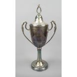 Large lidded goblet, 20th century, plated, trumpet-shaped stand, slender shaft, dome with slightly