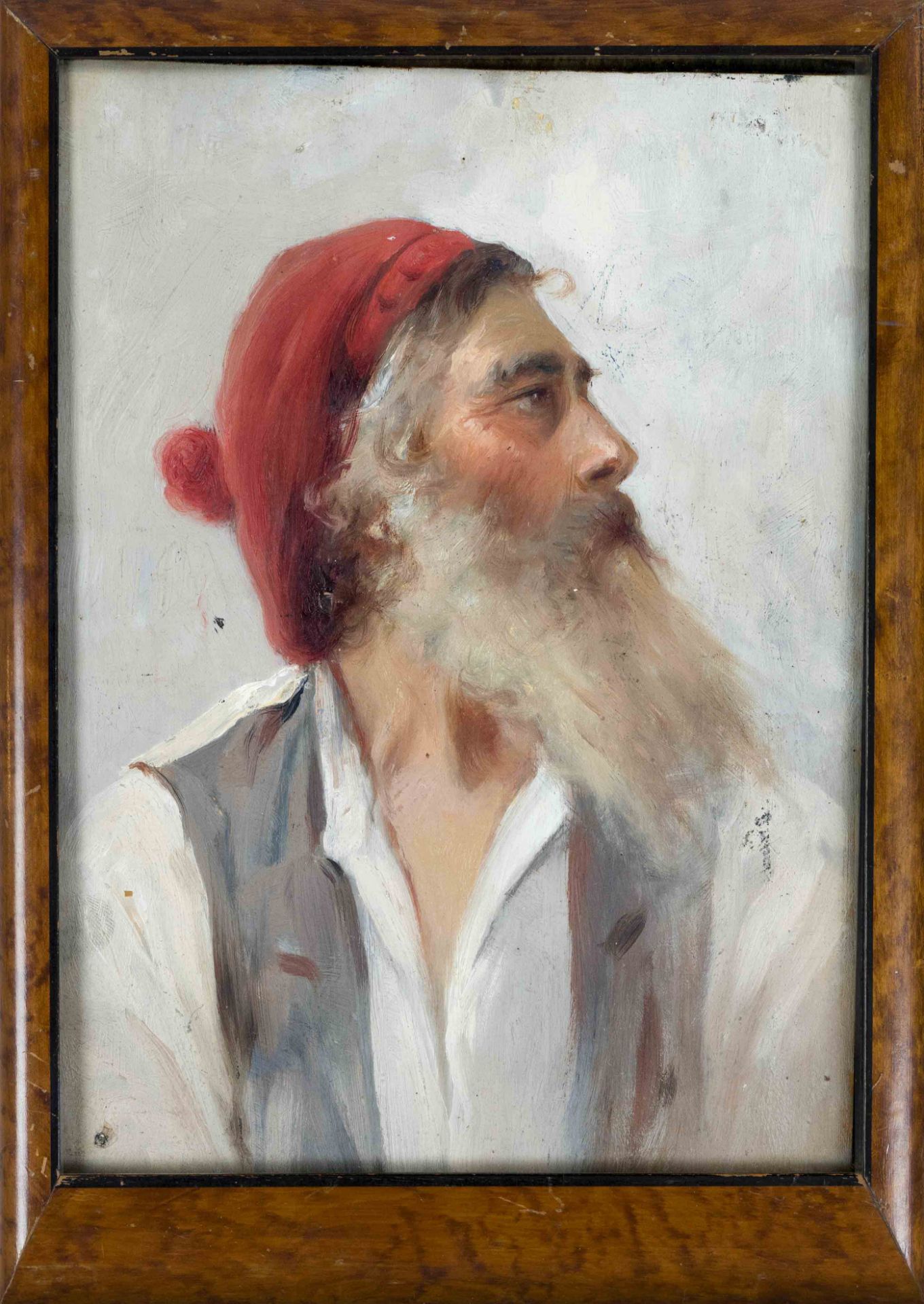 Bernardo Hay (1864-1931), Portrait of an Italian with a red cap in profile, oil/wood, signed lower