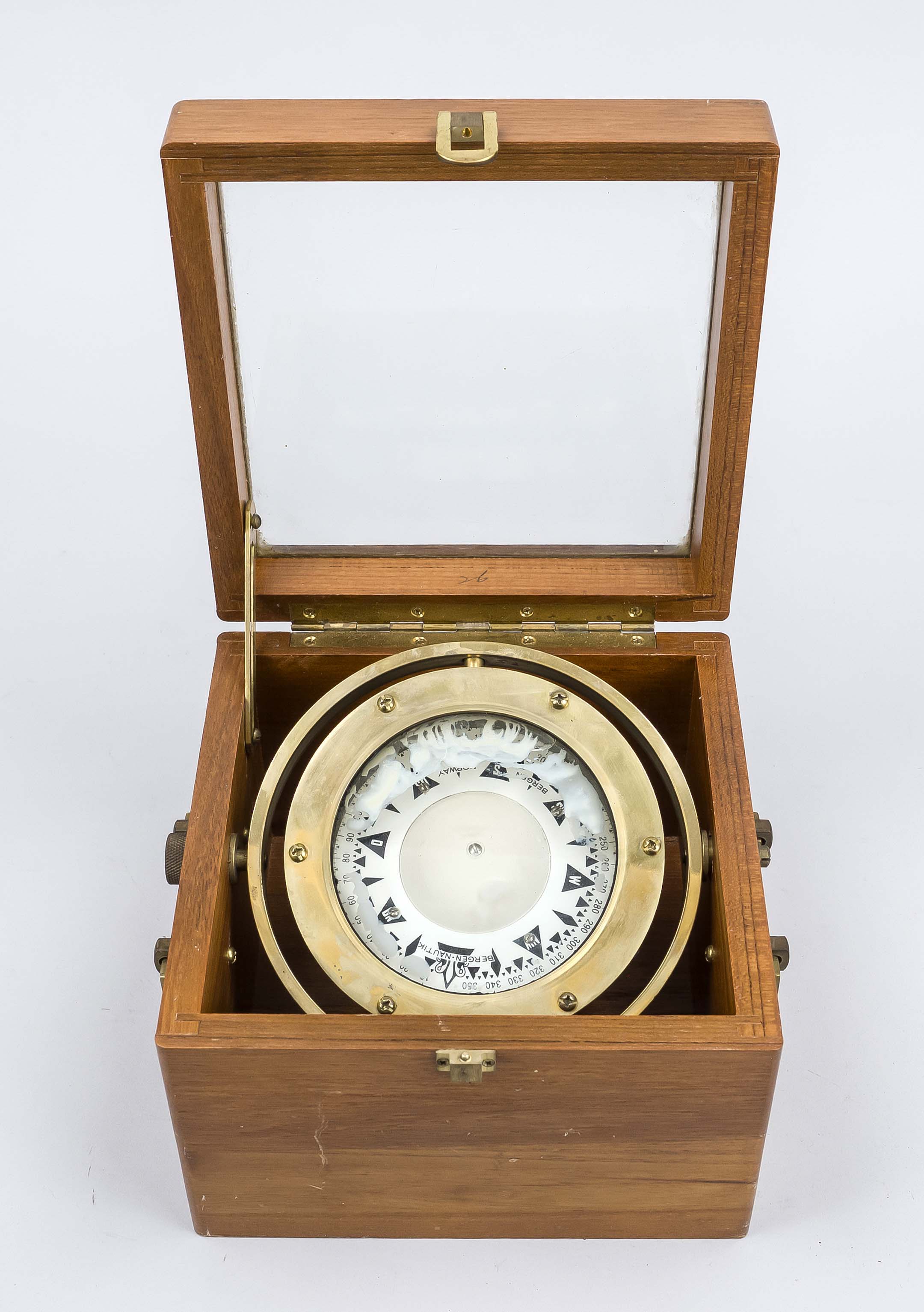 Maritime compass in wooden box with glass lid, 20th century, gimballed compass, liquid-damped,