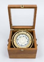 Maritime compass in wooden box with glass lid, 20th century, gimballed compass, liquid-damped,