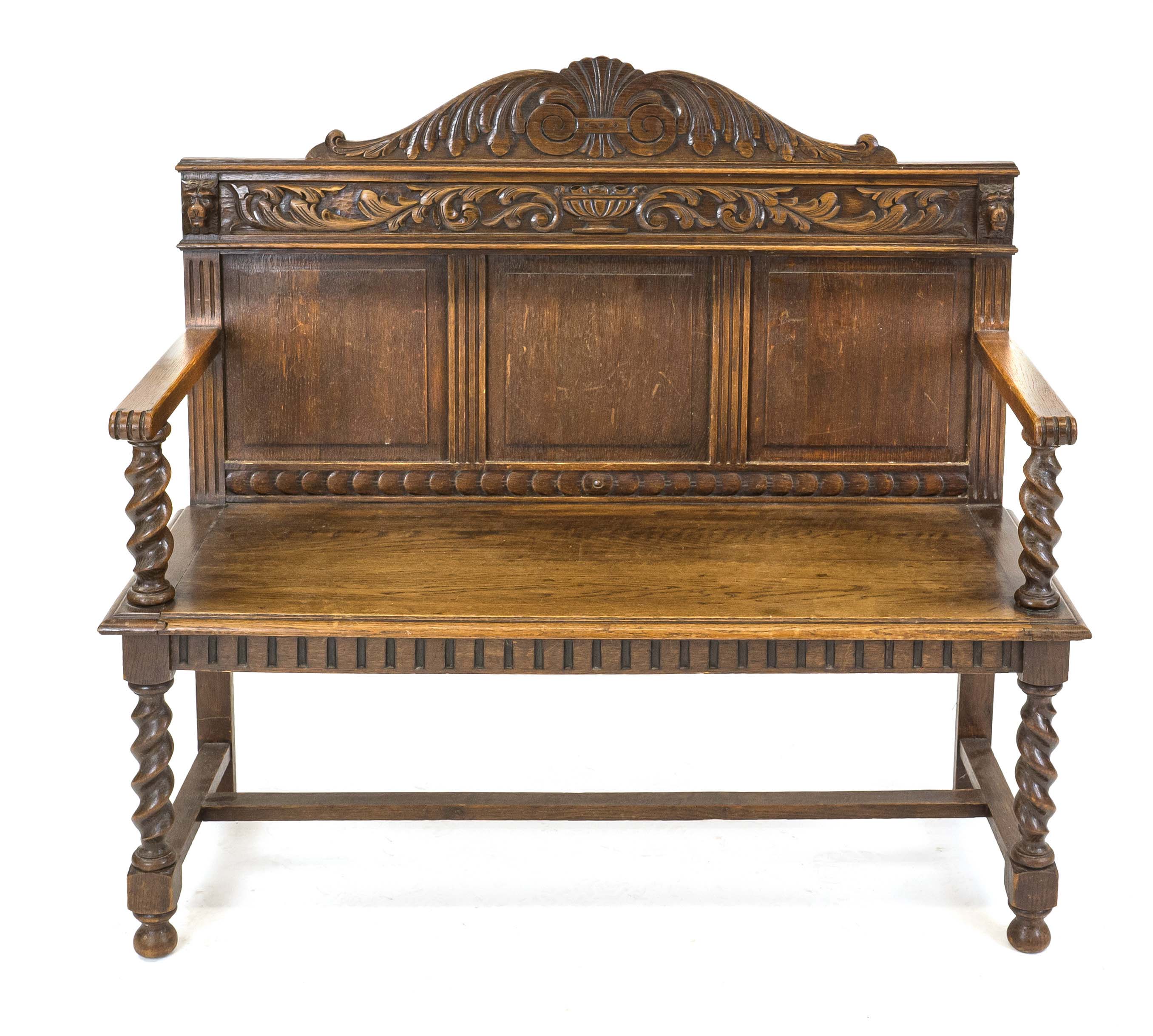 Bench around 1880, oak, turned frame and carving typical of the period, 109 x 113 x 44 cm