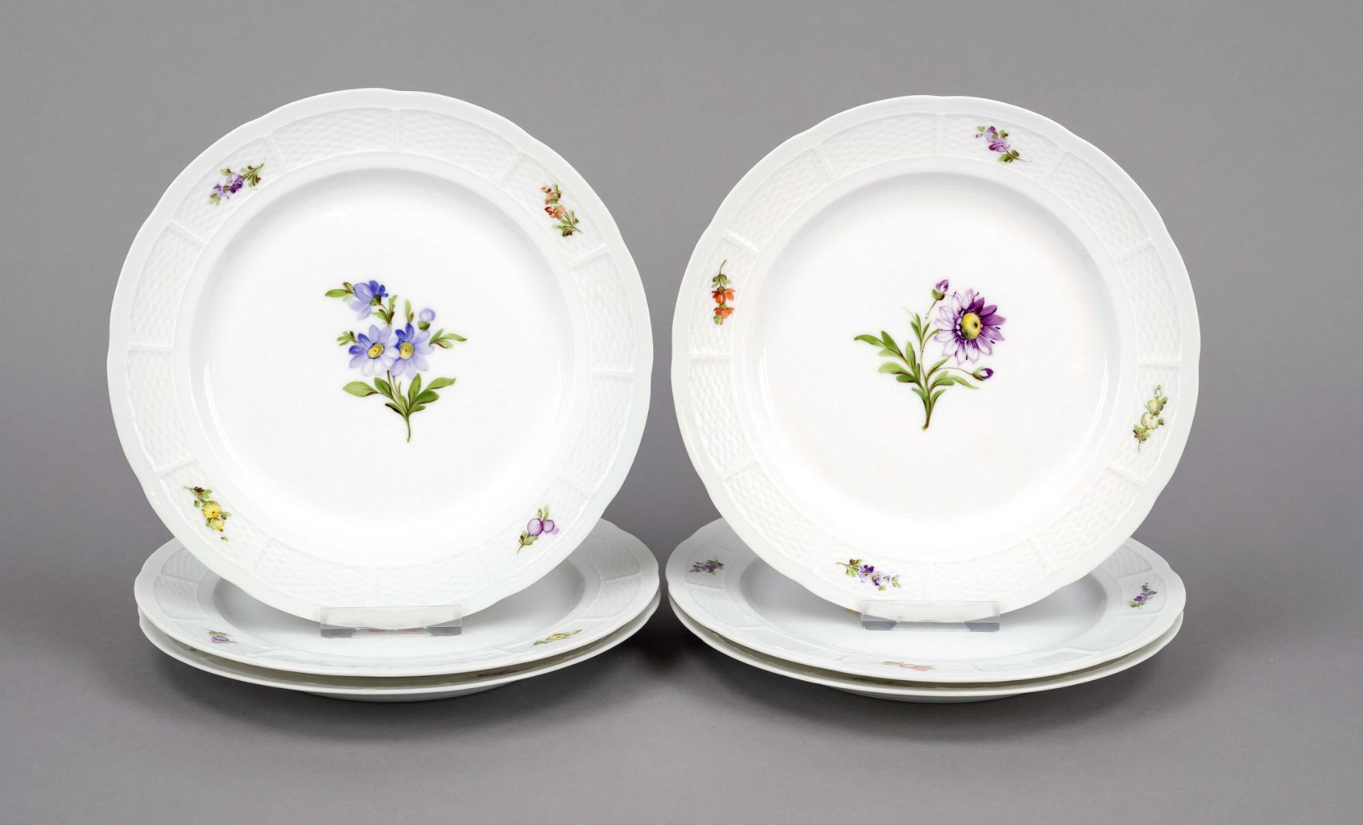 Six dessert plates, Nymphenburg, 1925-1975, ribbed rim, polychrome flower painting, Ø 21 cm