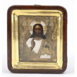 Icon, Russia 19th century, Christ under brass oklad, in mahogany frame with glass door (Kiot), h. 25