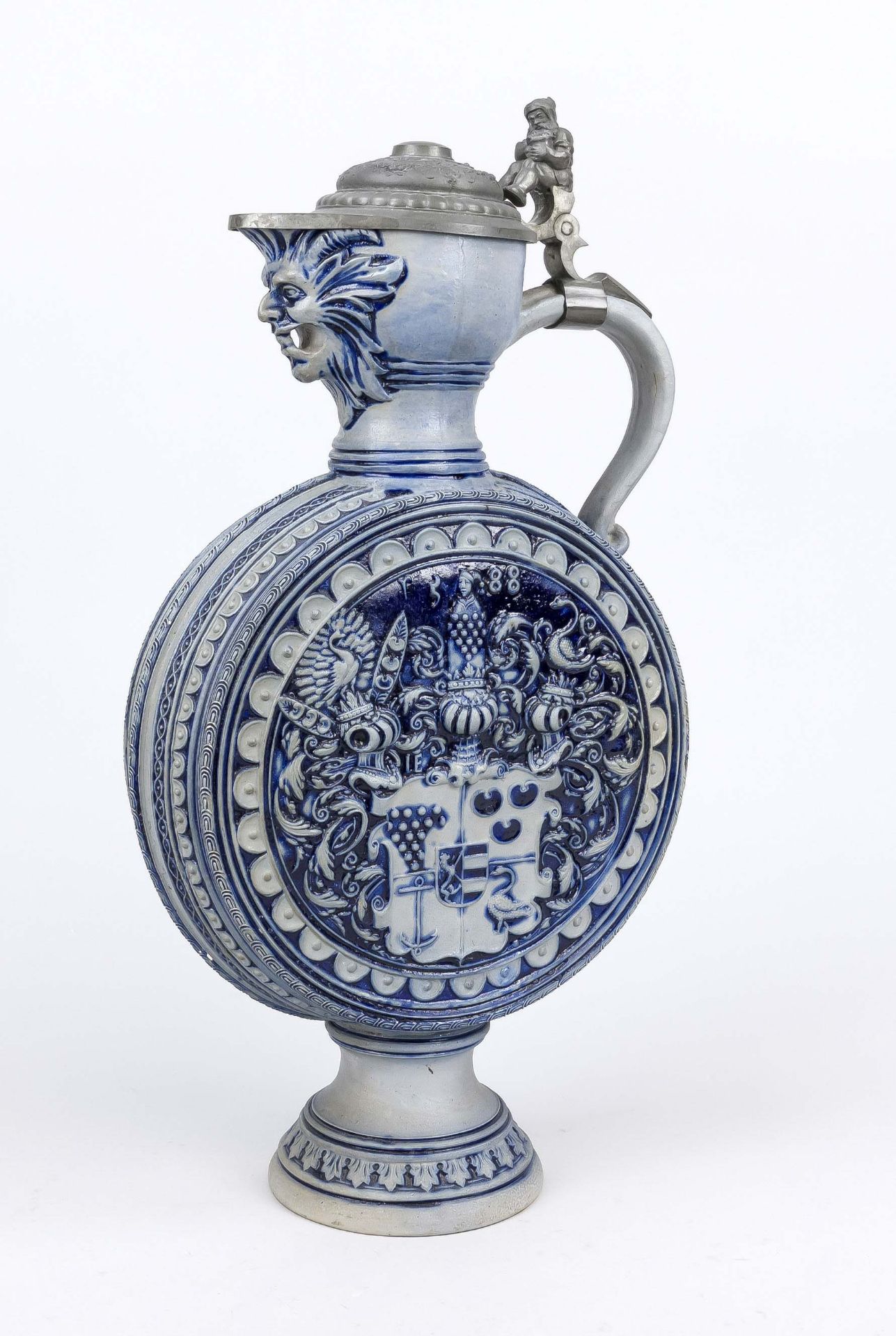 Large wine jug, Westerwald, c. 1880, stoneware in relief, partly glazed blue, overlapping pewter lid