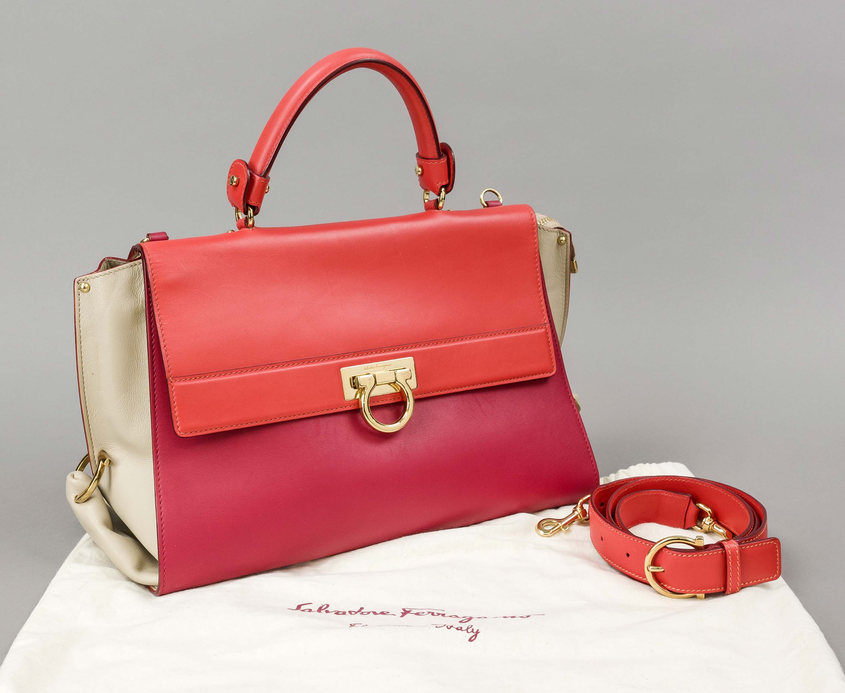 Salvatore Ferragamo, Multicolor Leather Sofia Top Handle Bag, orange-red, burgundy and sand-
