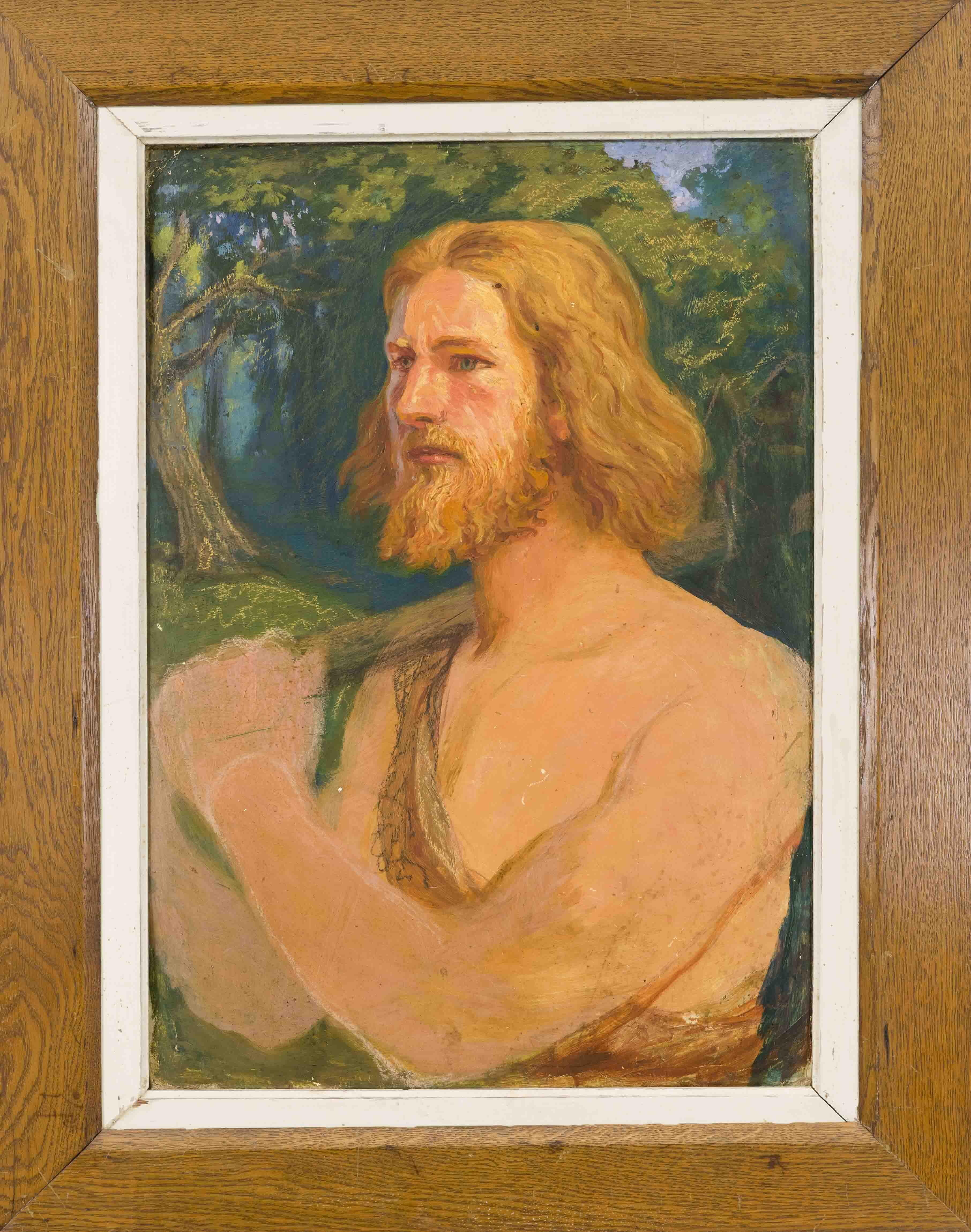 Unidentified Art Nouveau painter, c. 1900, young Germanic hunter in a forest landscape, oil on card,