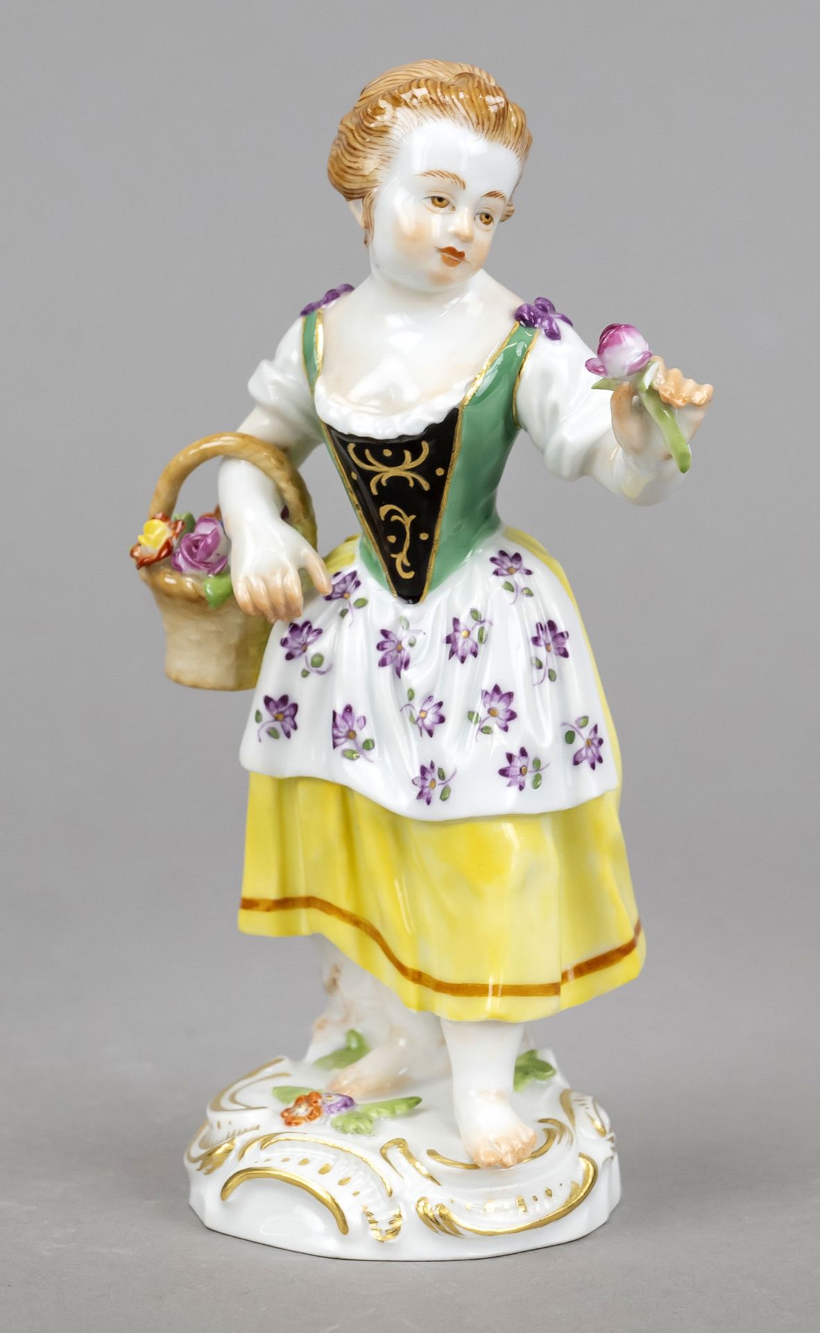 Gardener's girl with flower basket, Meissen, late 20th century, 1st choice, designed by Johann