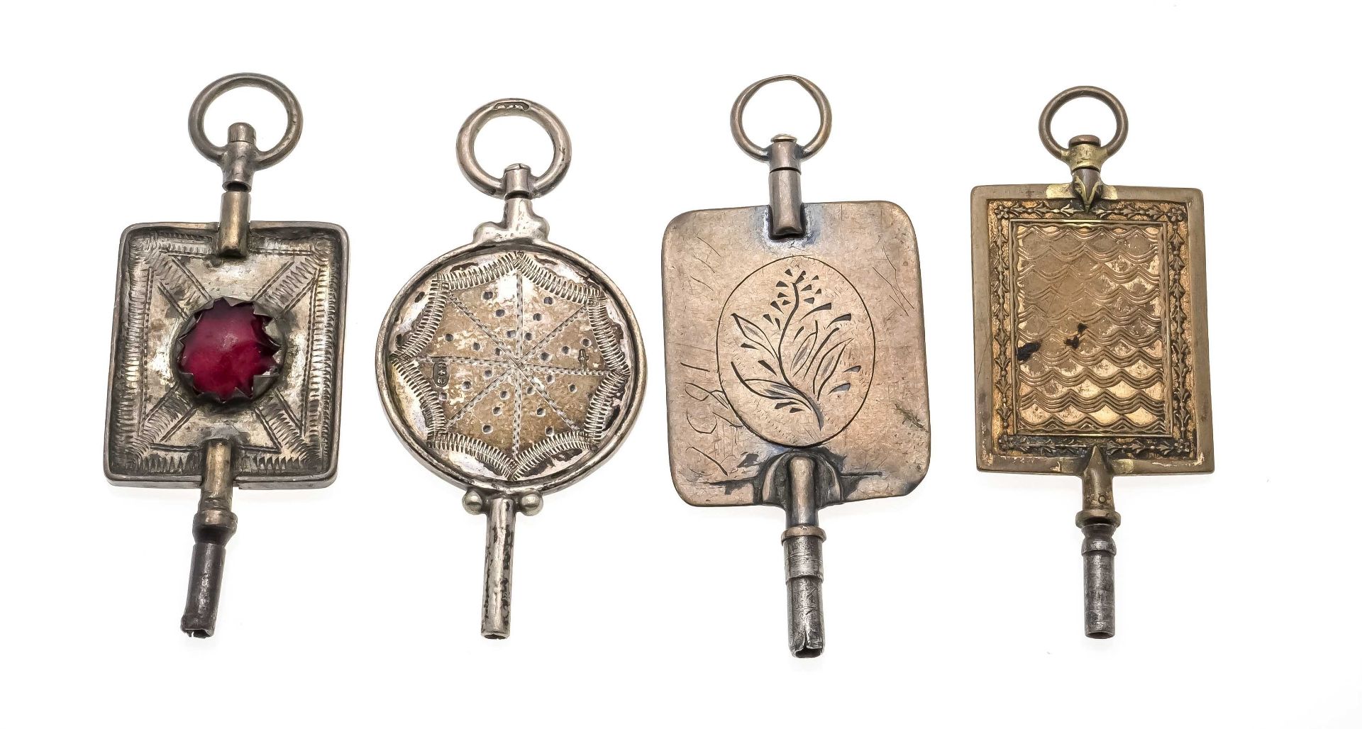 4 antique pocket watch keys, engraved plates with various motifs and one set with a red stone,