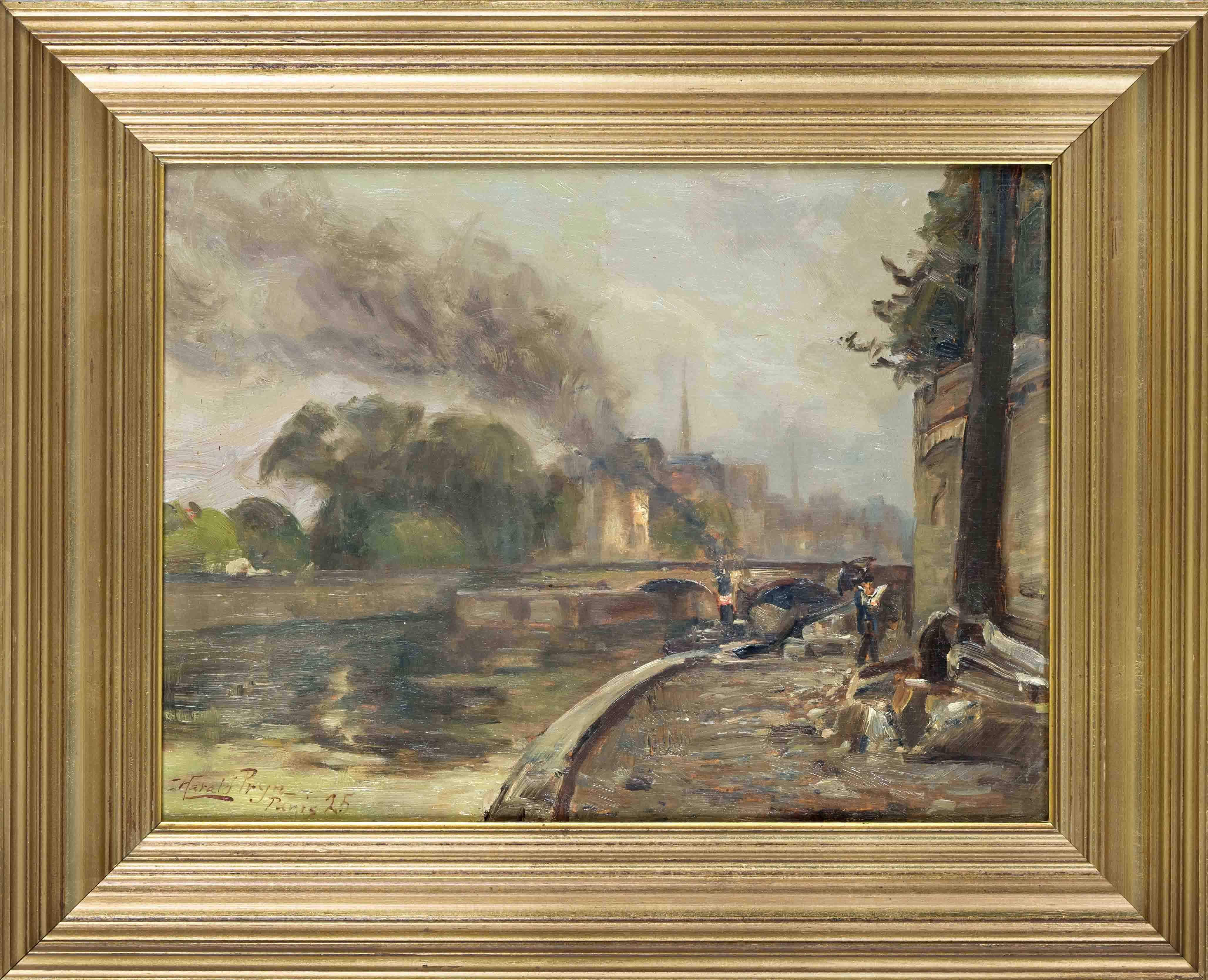 Harald Pryn (1891-1968 ), View of Paris with a smoking steamer on the banks of the Seine, oil on