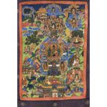 Thangka, Tibet 20th century, polychrome tempera painting on textile, brocade frame, crease marks,