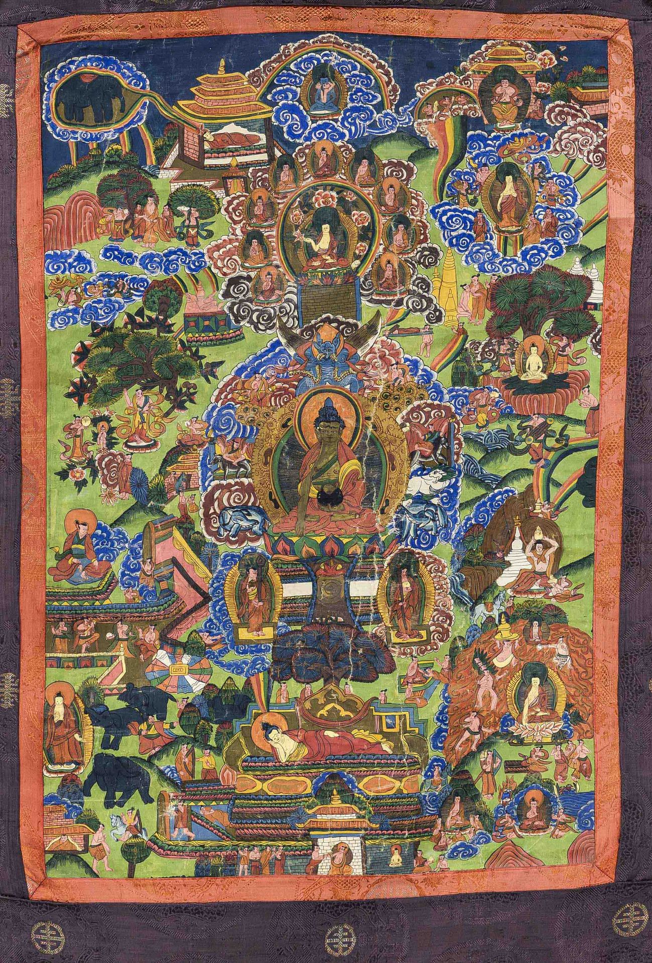 Thangka, Tibet 20th century, polychrome tempera painting on textile, brocade frame, crease marks,