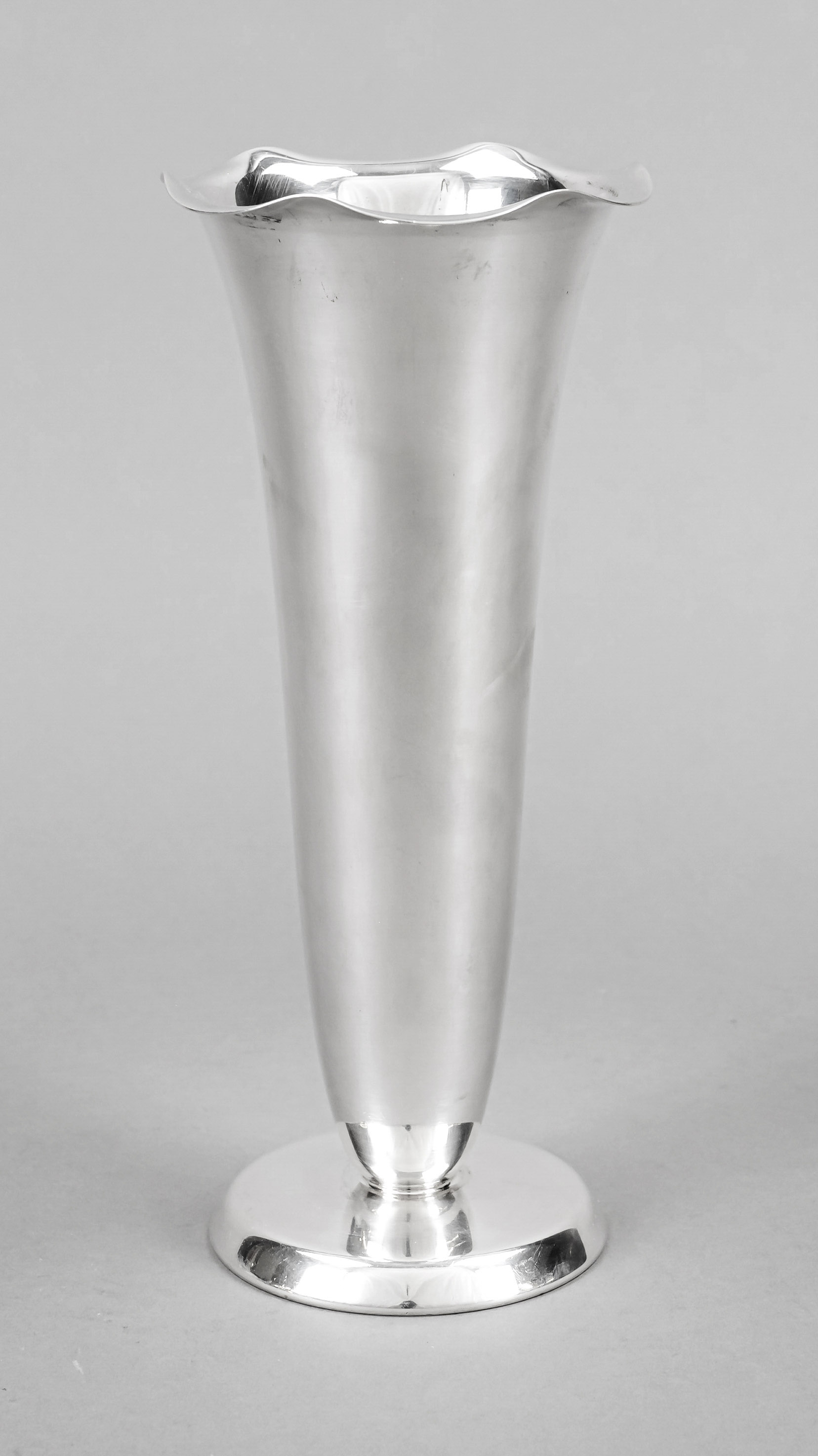 Trumpet vase, German, 20th century, master's mark WMF, Geislingen, plated, round, filled stand, body