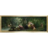 Anonymous 19th century painter, panoramic forest landscape with women gathering fruit and bathers,