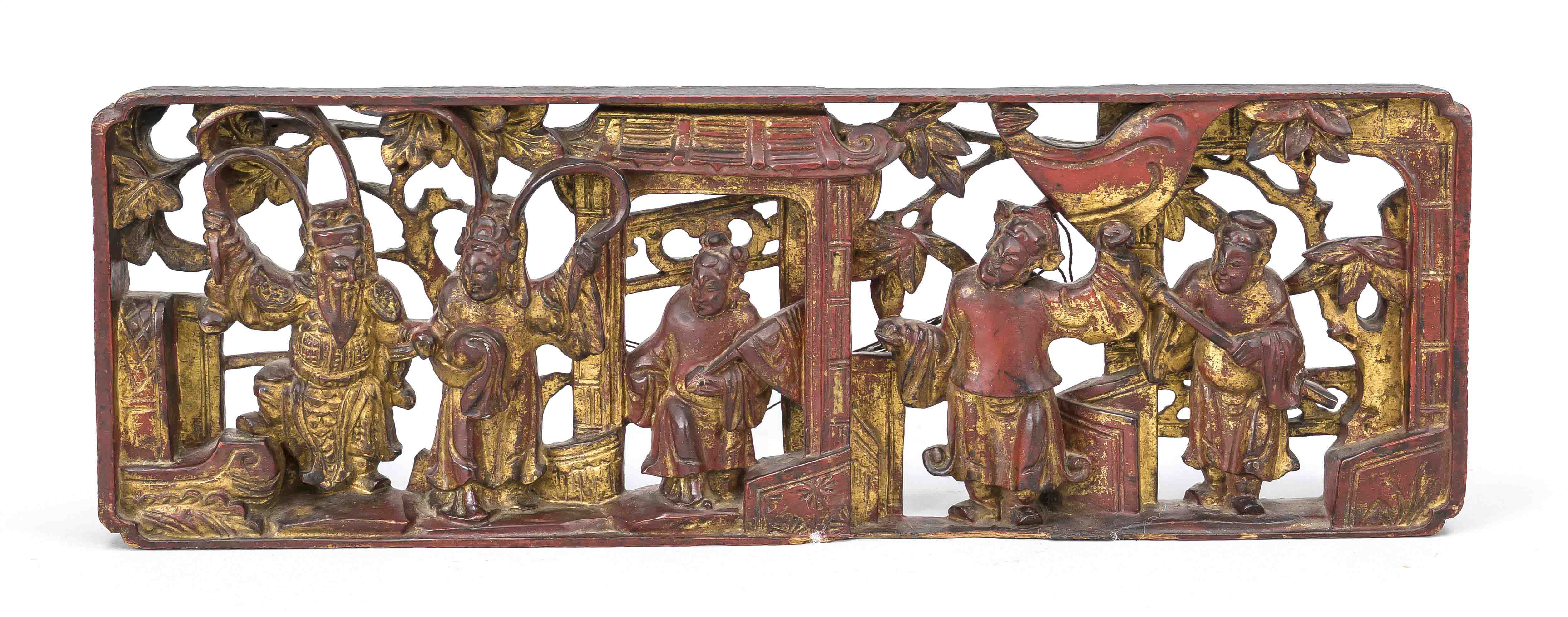 Carved panel, China 19th century (Qing). Open-worked wood carving with red lacquer and gold,