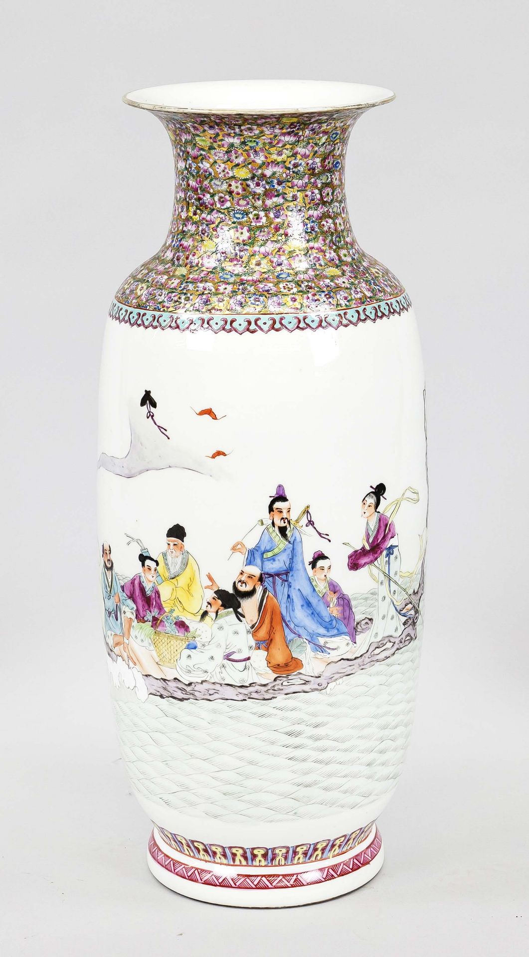 Large Famille Rose vase, China, 20th century. Revolving figurative decoration and calligraphy of