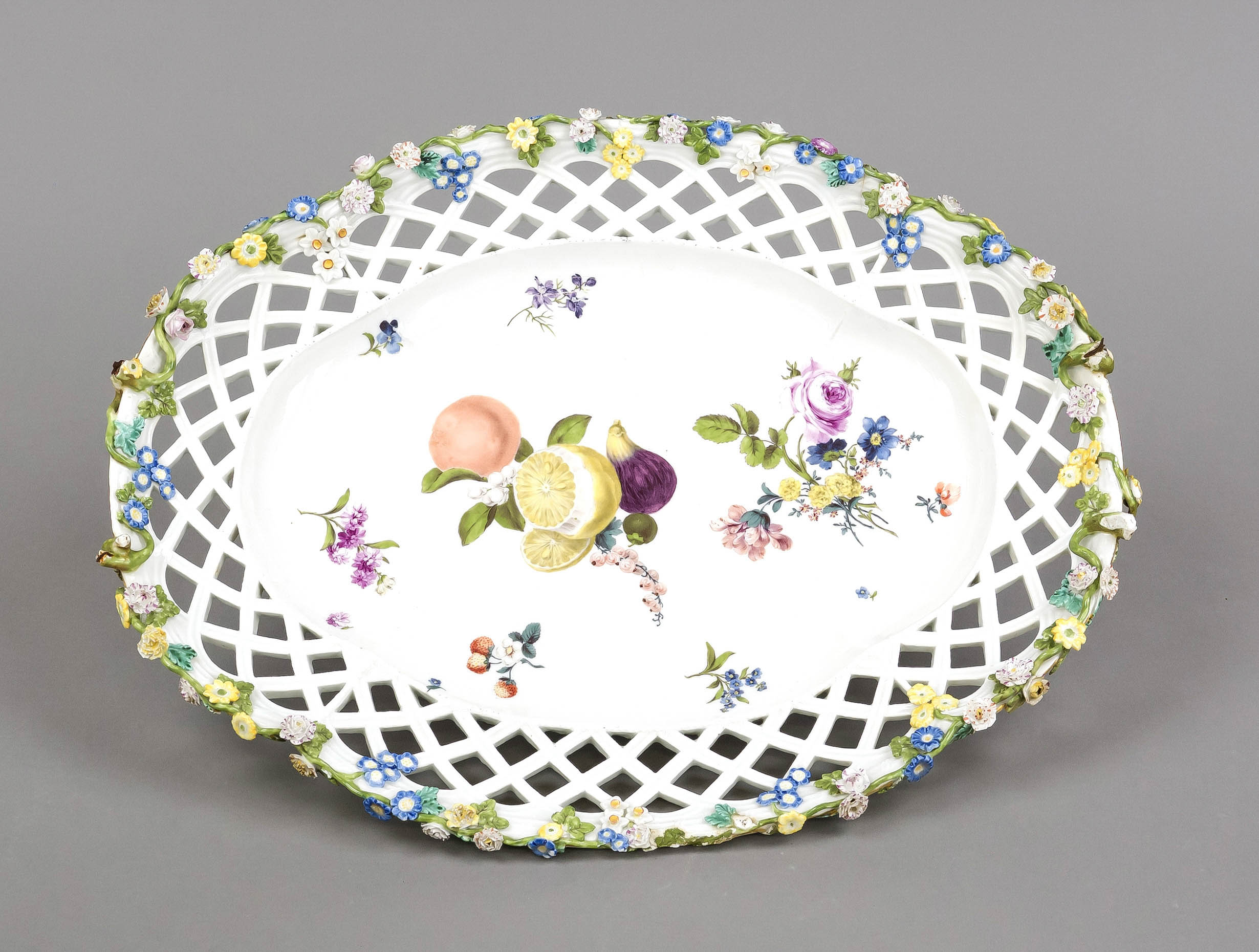 Oval platter, Meissen, 18th century, oval serving platter, curved to fit, pierced rim, rim with