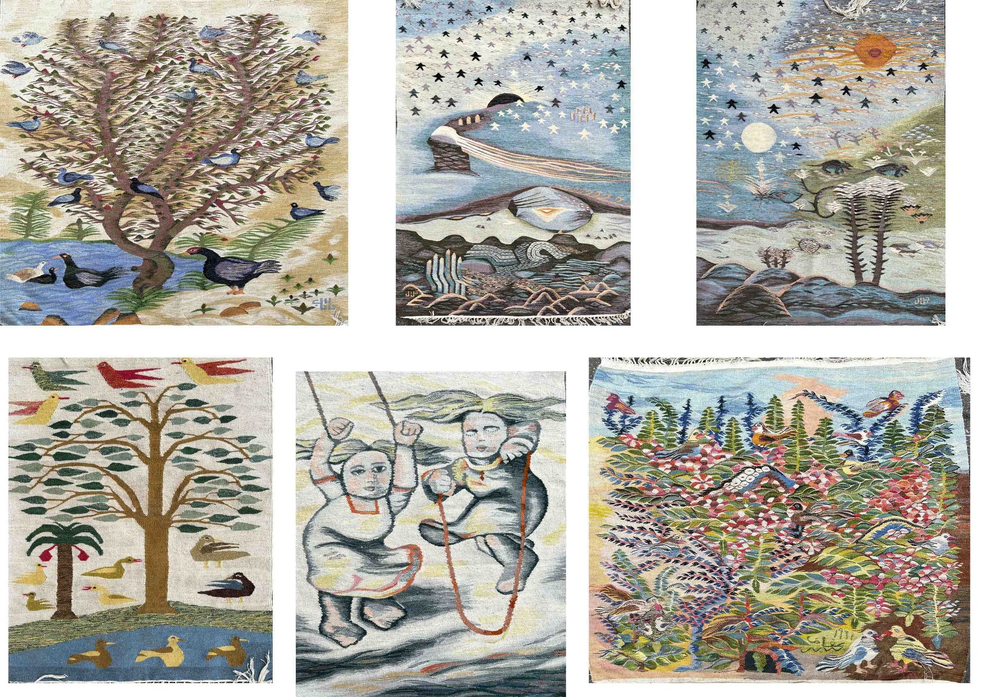 6 tapestries, 70 x 90 cm, 130 x 140 cm, 85 x 110 cm, 110 x 60 cm, 95 x 105 cm, 110 x 160 cm