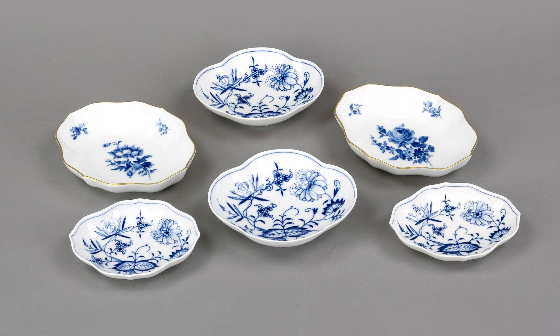 Six decorative bowls, Meissen, marks after 1934, mostly 1st choice, oval fitting curved form,