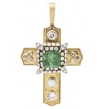 Emerald cross pendant GG/WG 585/000 unmarked, tested, with an emerald cut faceted emerald 10.10 x