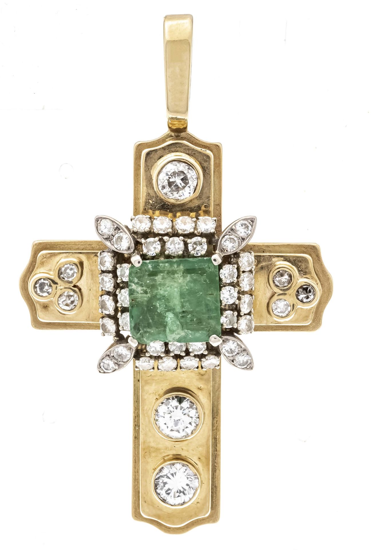 Emerald cross pendant GG/WG 585/000 unmarked, tested, with an emerald cut faceted emerald 10.10 x