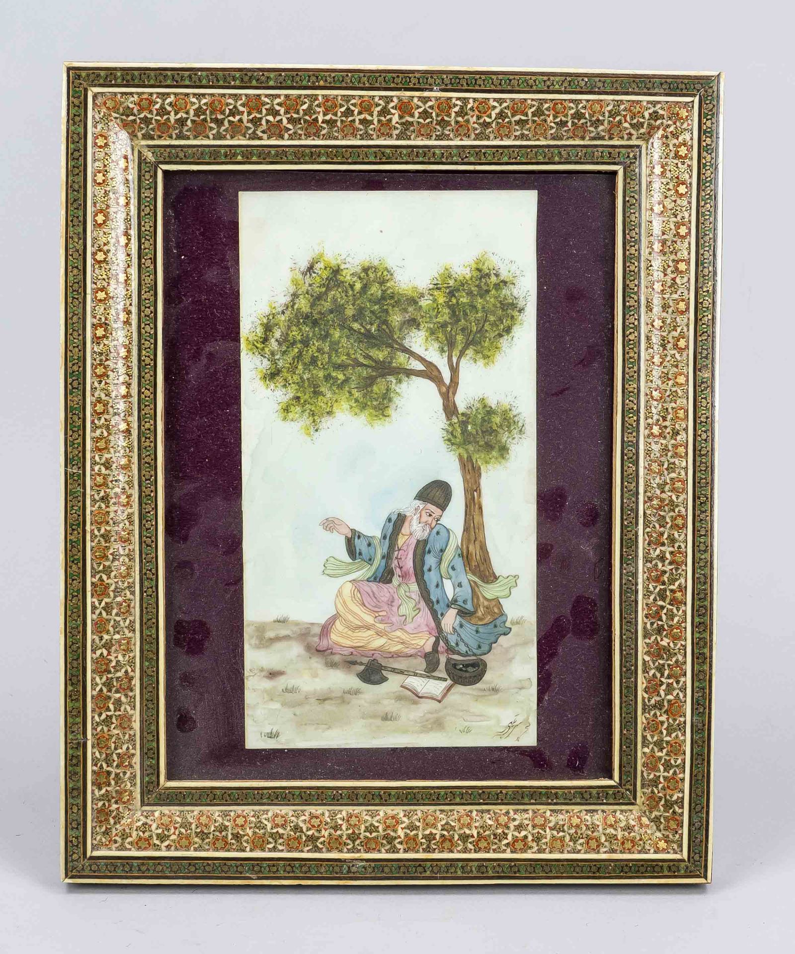 Persian painting, 20th century, polychrome on leg? Signed lower right. Framed behind glass,