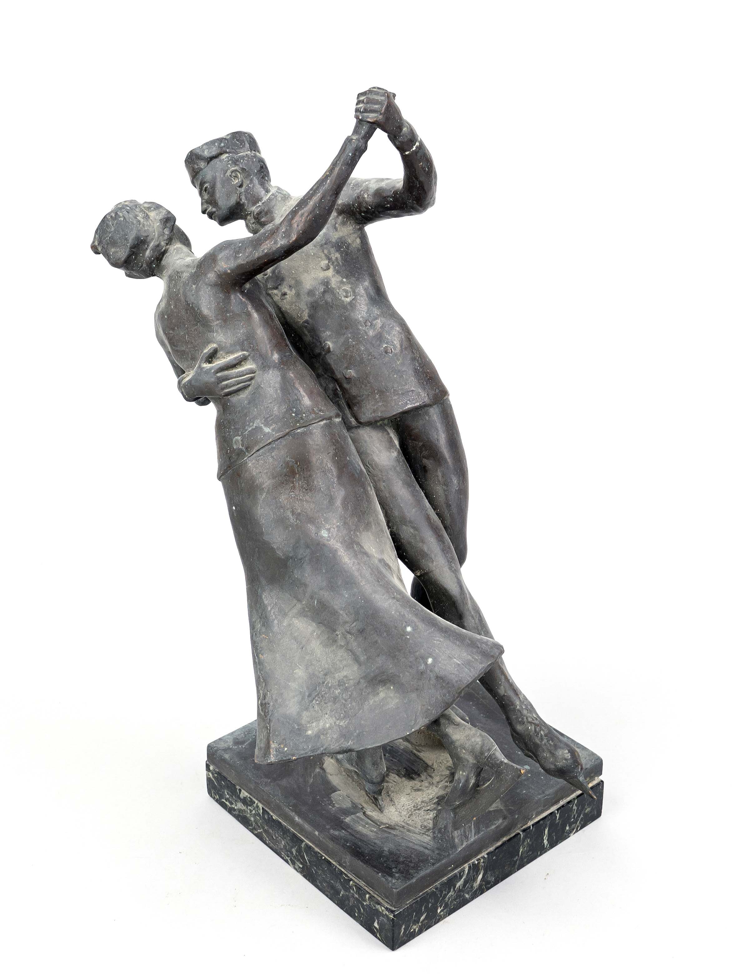 Anonymous sculptor, c. 1900, couple dancing on ice with skates, patinated bronze on marble plinth,