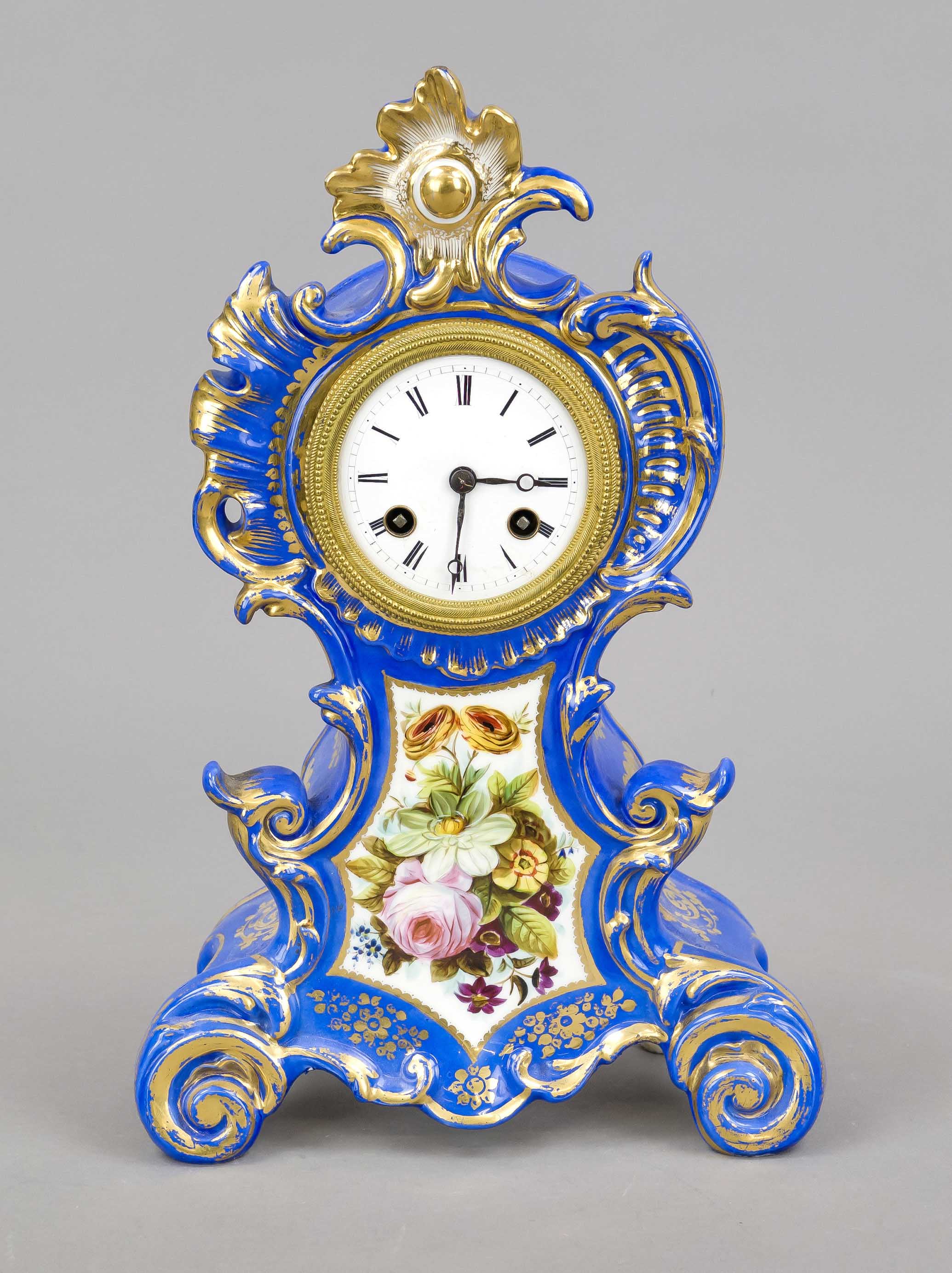 Historicism clock, France, 1st half 19th century, curved table clock on four volute feet, polychrome