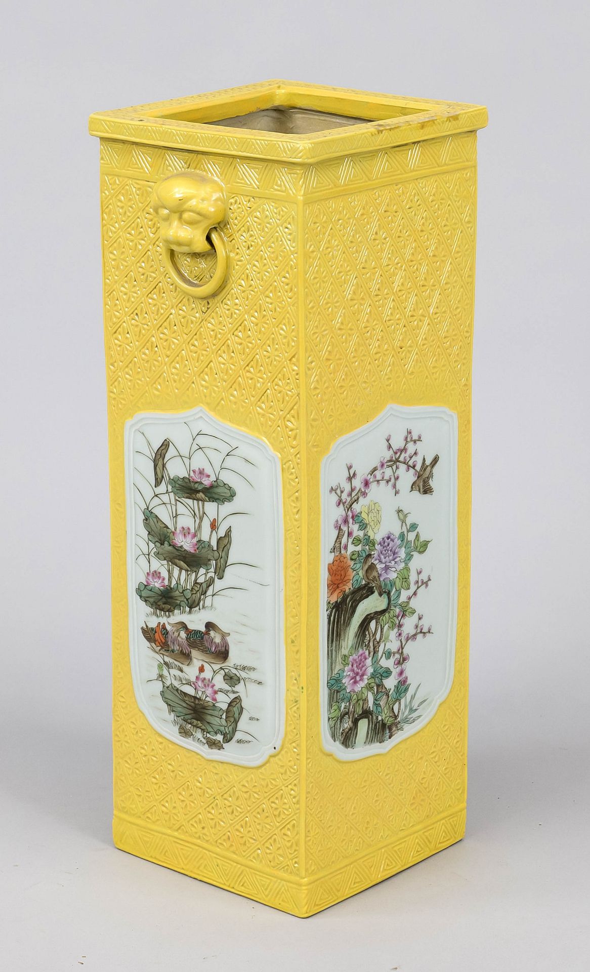 Large square, yellow-ground famille rose vase, China, 20th century All sides with matching curved