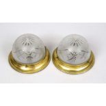 Pair of plafonds, late 19th century, profiled brass mounts with gilding. Etched glass shades with