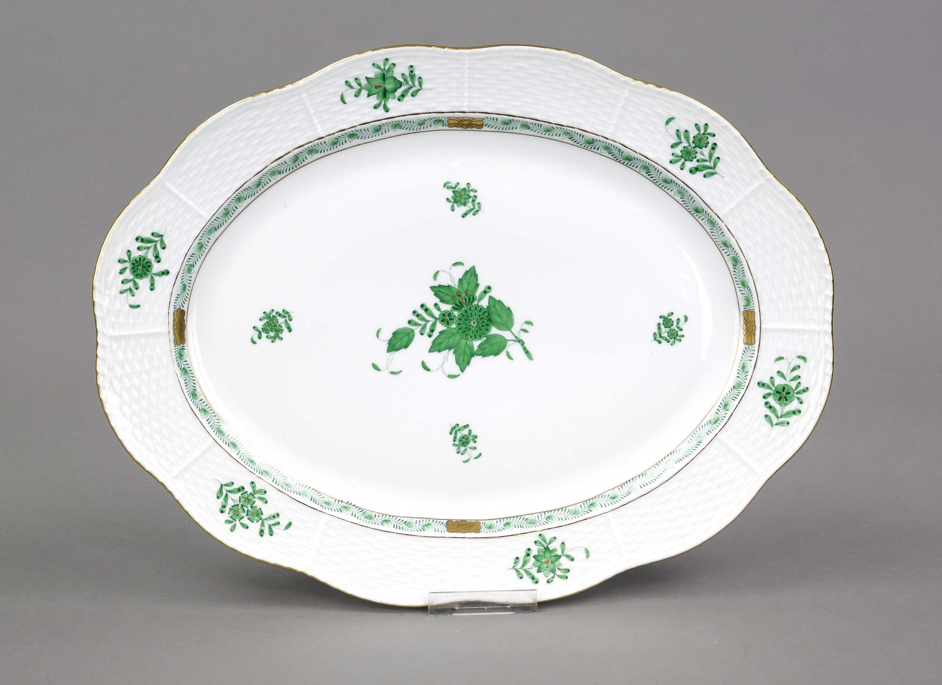 Oval serving platter, Herend, mark after 1967, Ozier shape, Apponyi decoration in green,