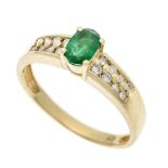 Emerald diamond ring GG 585/000 with one oval faceted emerald 6 x 4 mm green, translucent and 16