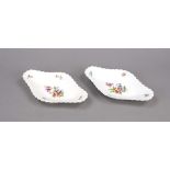 Pair of oval bowls, Nymphenburg, mark 1925-75, boat shape, fanned sides, polychrome floral painting,